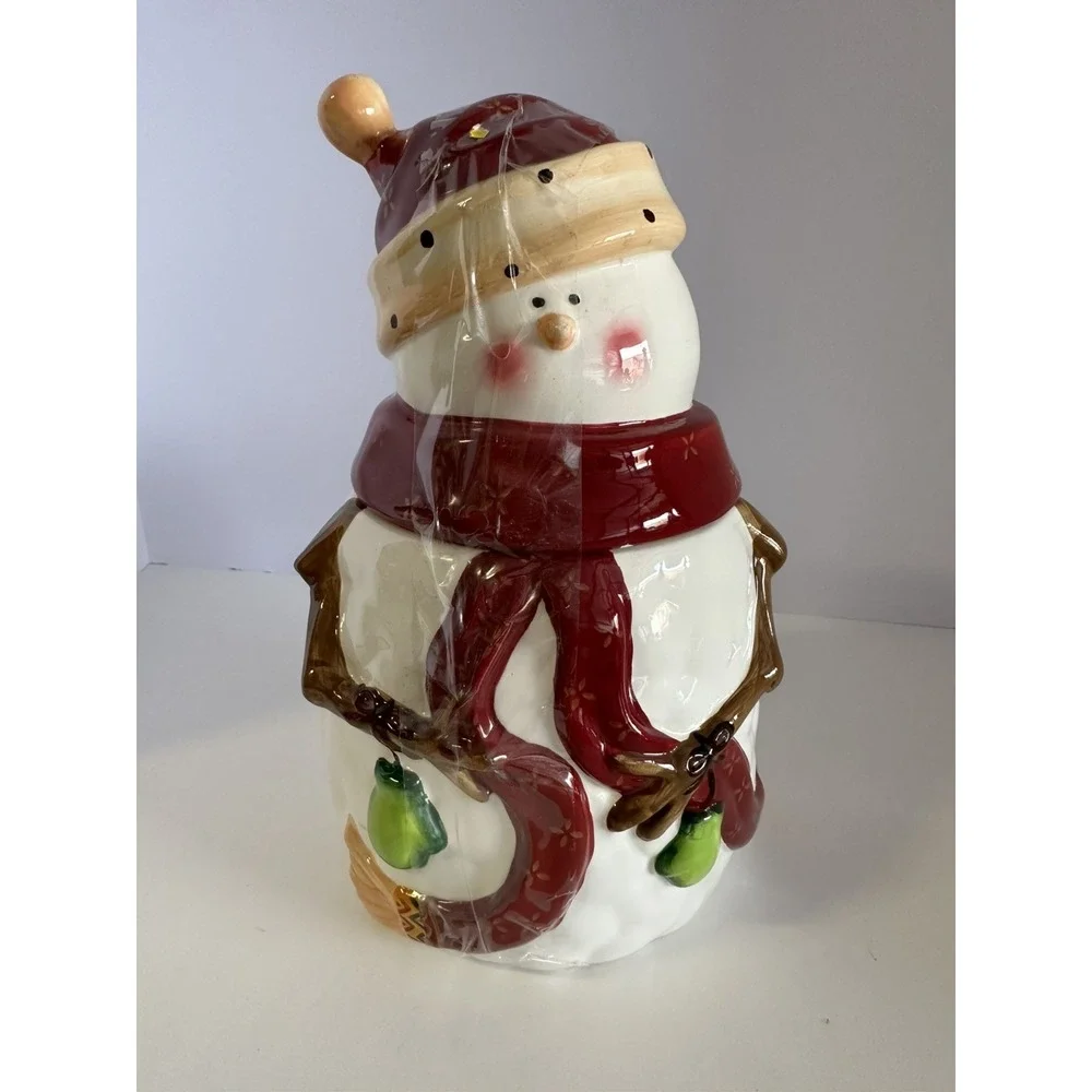 Nonni's Hand PaintedCeramic Snowman Cookie Jar Christmas Holiday Decor Red White